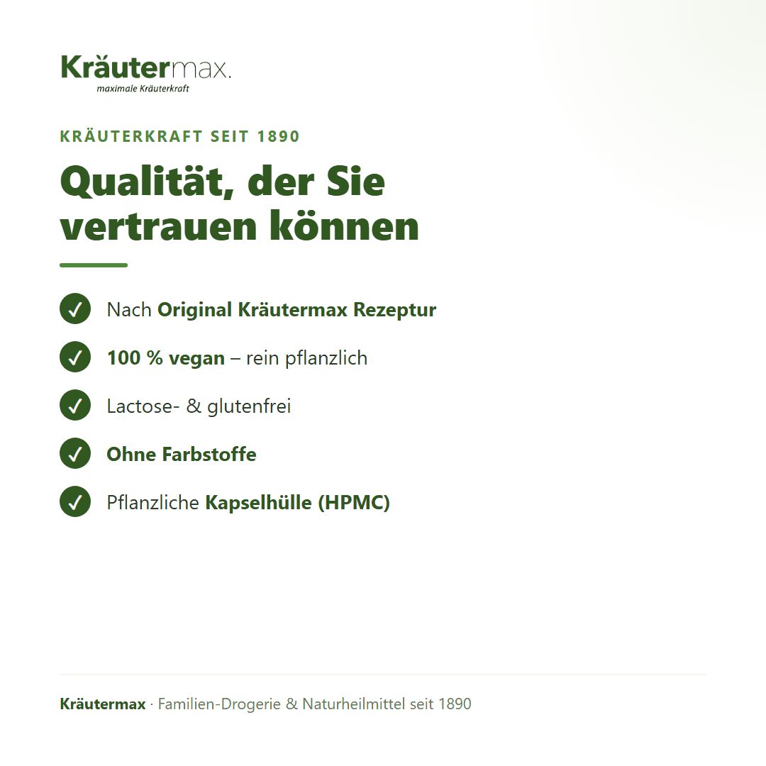 Braune Glasflasche mit weißem Etikett, Kräutermax Cistus plus Kapseln, mit Premium Qualität Siegel.