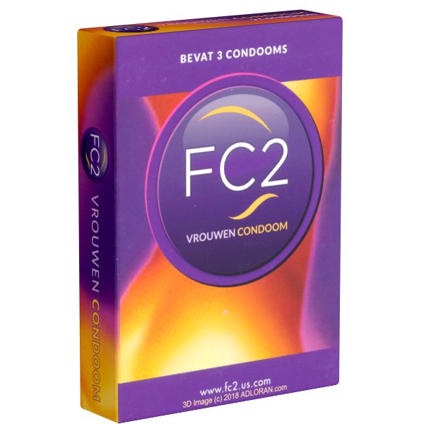 Verpackung mit FC2 Frauenkondomen. Enthält 3 Kondome. Lila und gelbe Farbgebung. Aufschrift: Vrouwen Condoom.