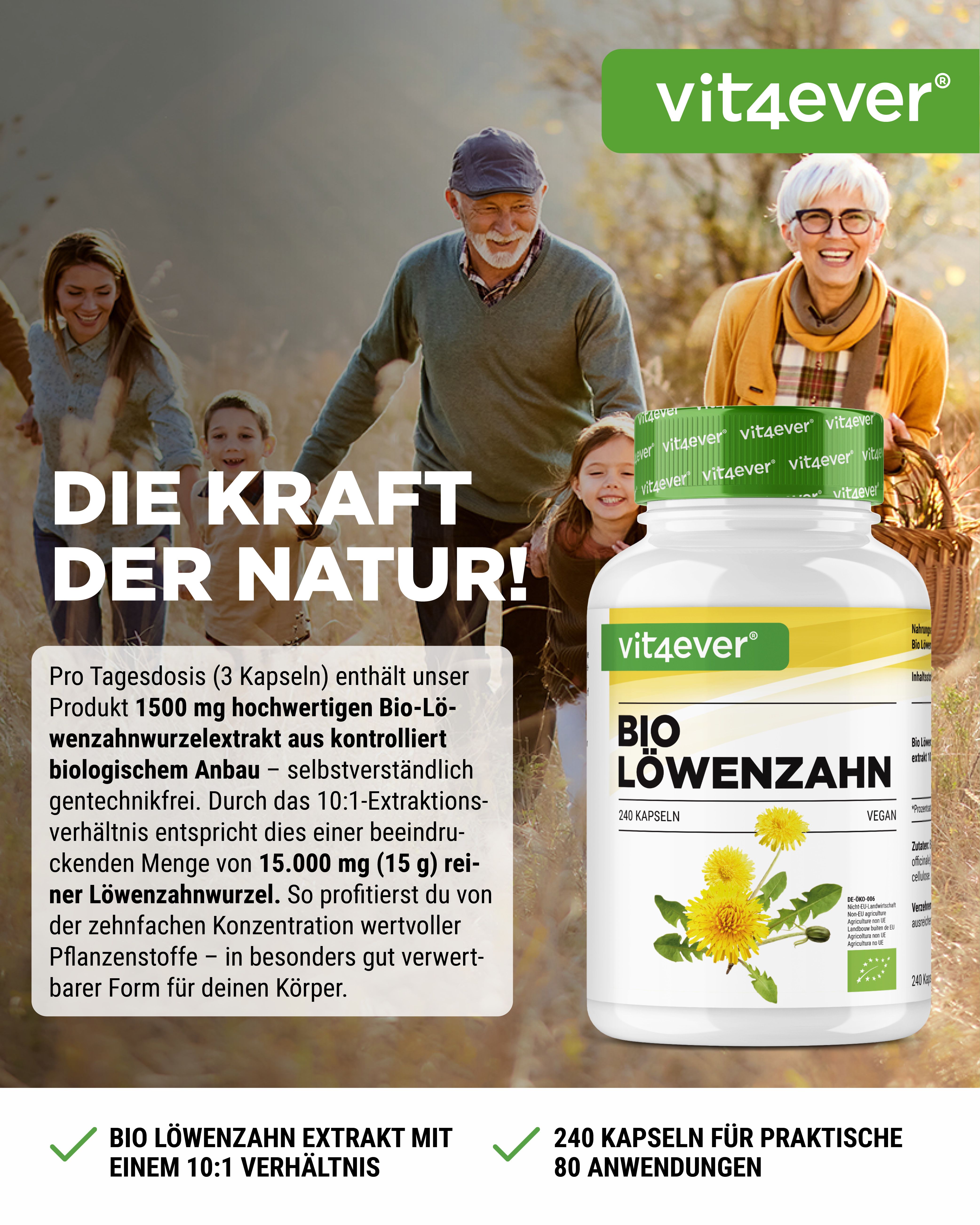 Weißes Pillenbehälter mit grünem Deckel. Aufschrift: Bio Löwenzahn. 240 Kapseln. Vegan. Bio-Siegel. Hintergrund: Familie im Freien.