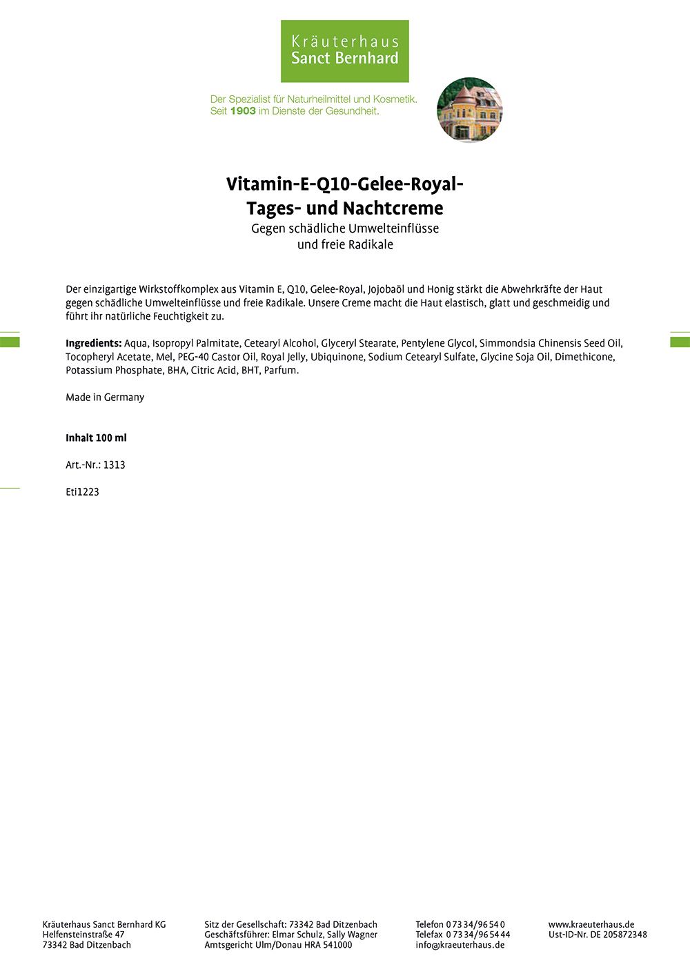 Etikett eines Kosmetikprodukts mit dem Namen 'Vitamin-E-Q10-Gelee-Royal-Tages- und Nachtcreme'. Enthält Inhaltsstoffangaben und Herkunftsland.