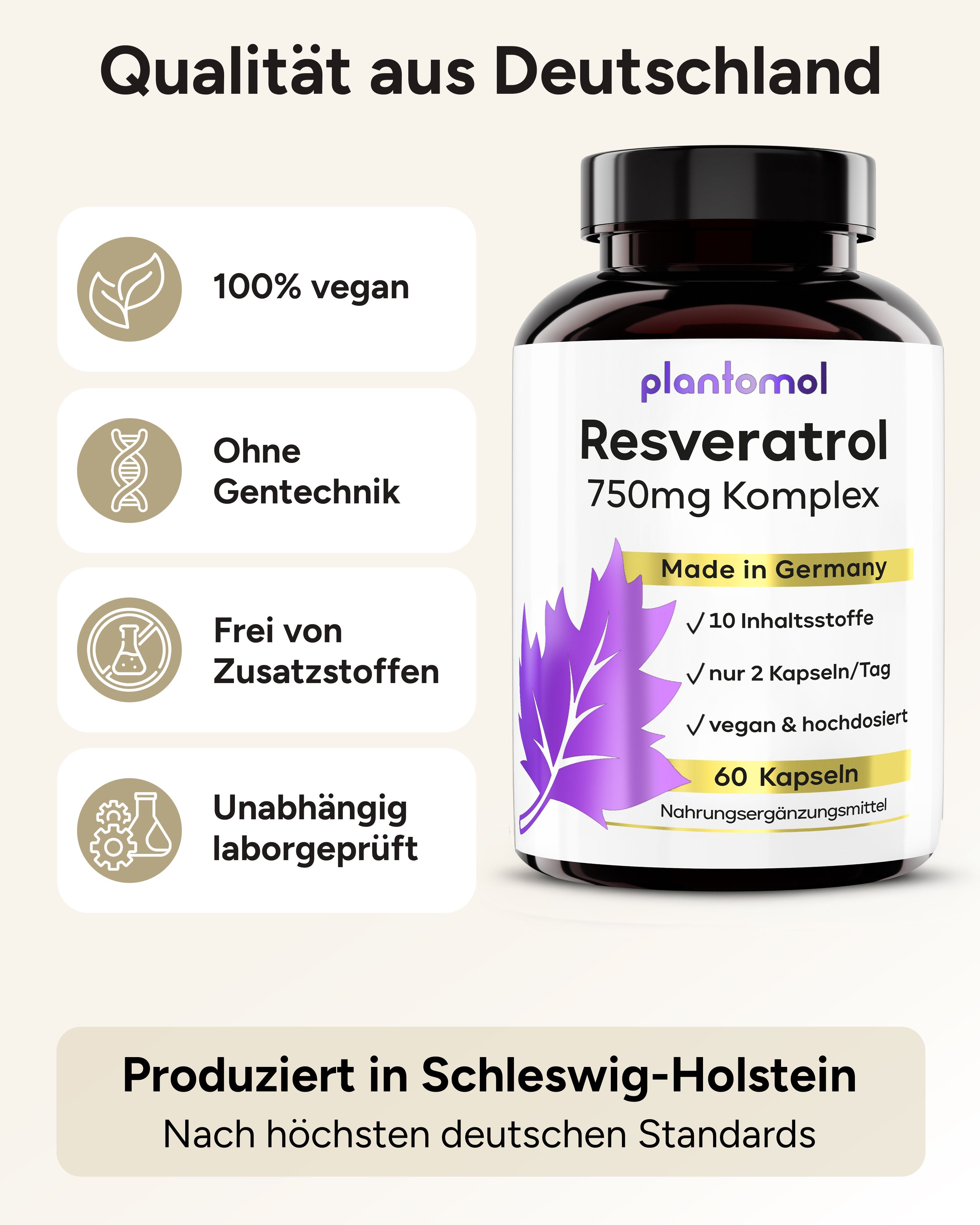 Flasche plantomol® Resveratrol 750mg Komplex, Siegel für 100% vegan, ohne Gentechnik, ohne Zusatzstoffe.