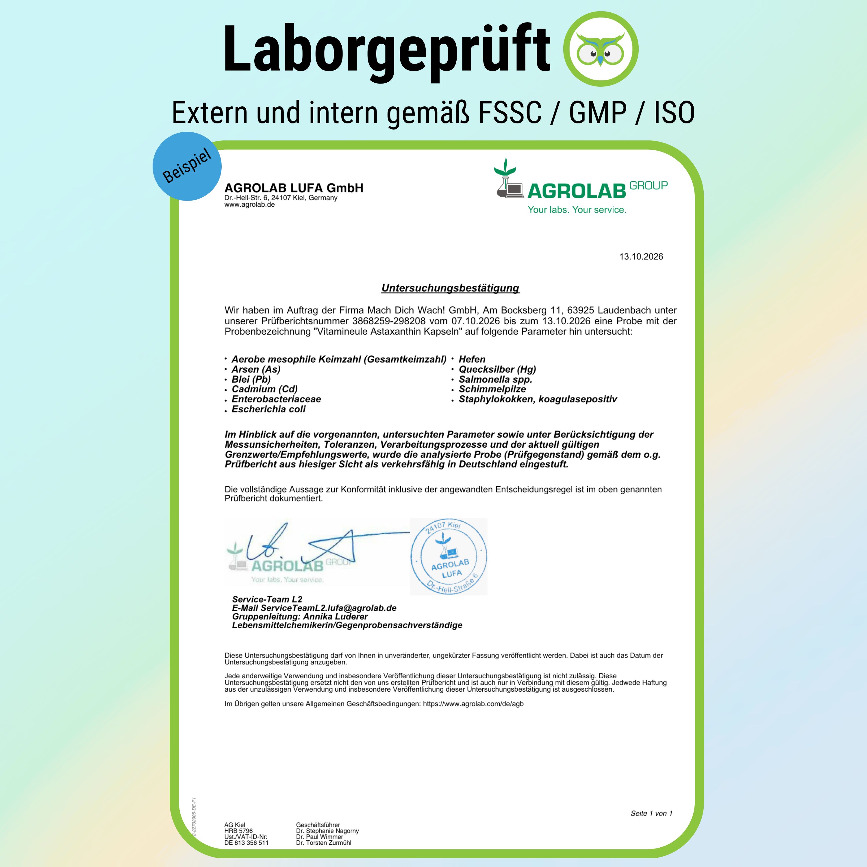 Laborbericht von Agrolab mit Prüfzertifikaten FSSC, GMP, ISO. Enthält Testergebnisse für Vitamin D3 Kapseln.