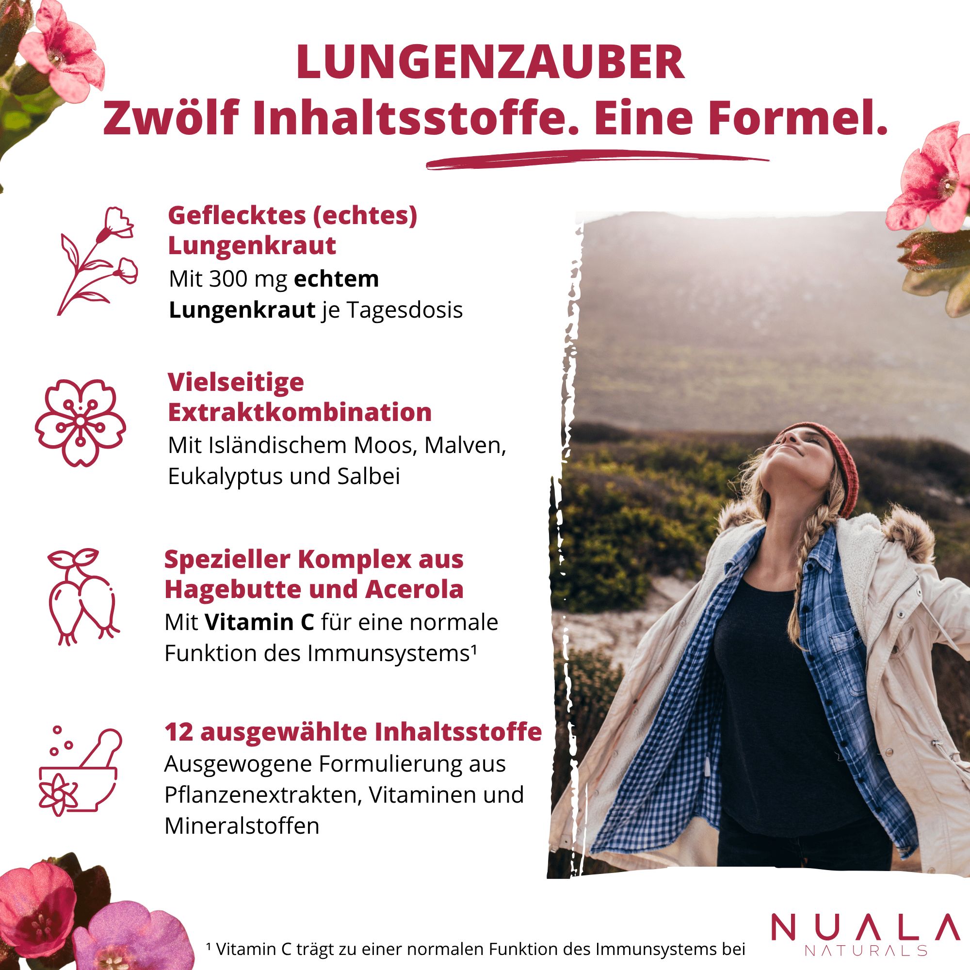 Nuala Naturals Lungenzauber: Zwölf Inhaltsstoffe, eine Formel. Mit Lungenkraut, Vitamin C und Acerola.