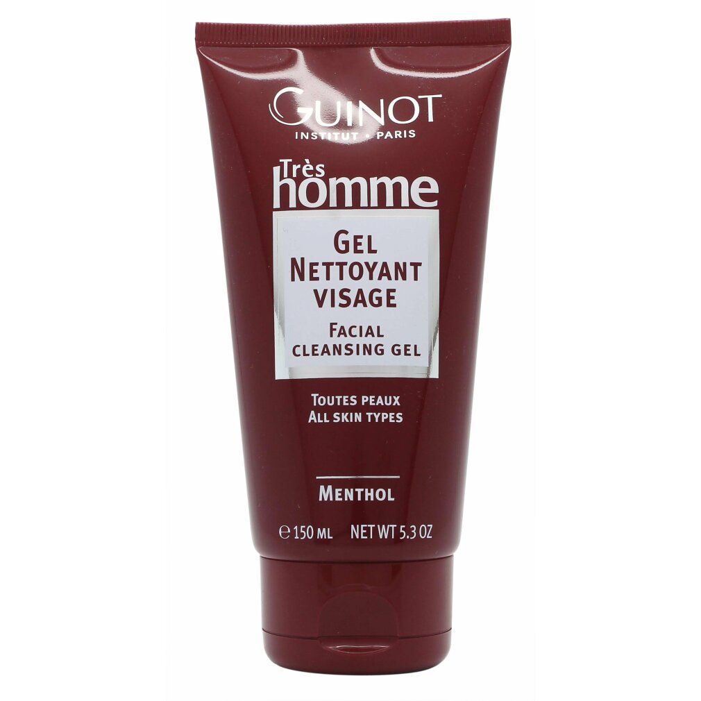 Dunkelrote Tube. Guinot Tres Homme Nettoyant Visage. Gel Nettoyant Visage. Menthol. 150 ml.