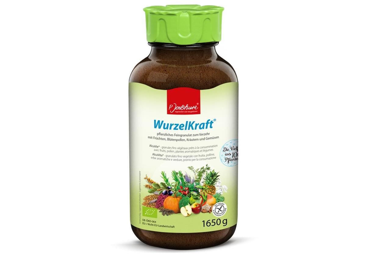 Braune Glasflasche mit grünem Deckel. Aufschrift: WurzelKraft. 1650g. Bio-Siegel und Abbildung von Früchten und Gemüse.