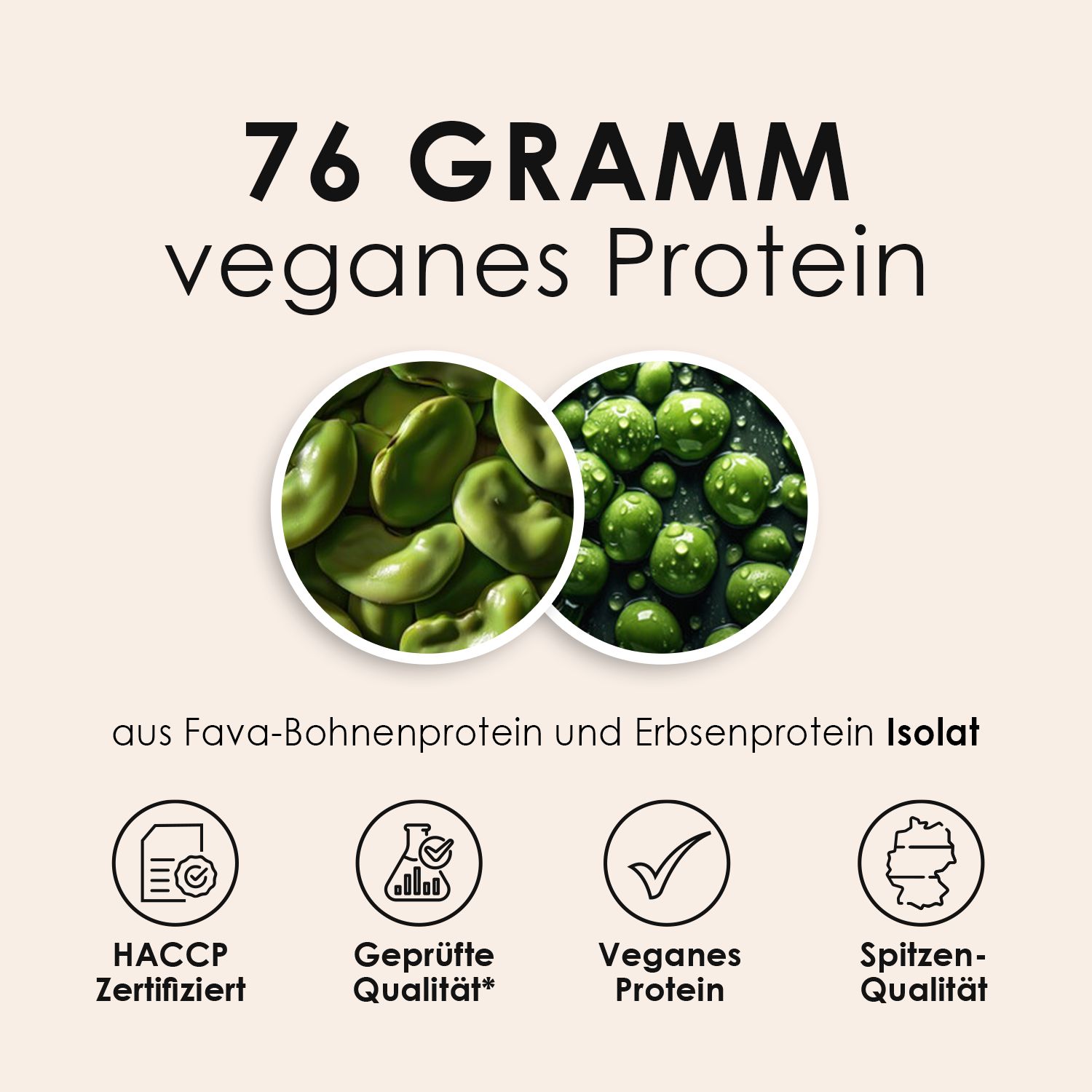 Abbildung von Fava-Bohnen und Erbsenprotein. Enthält 76 Gramm veganes Protein. Mit Zertifizierungen.