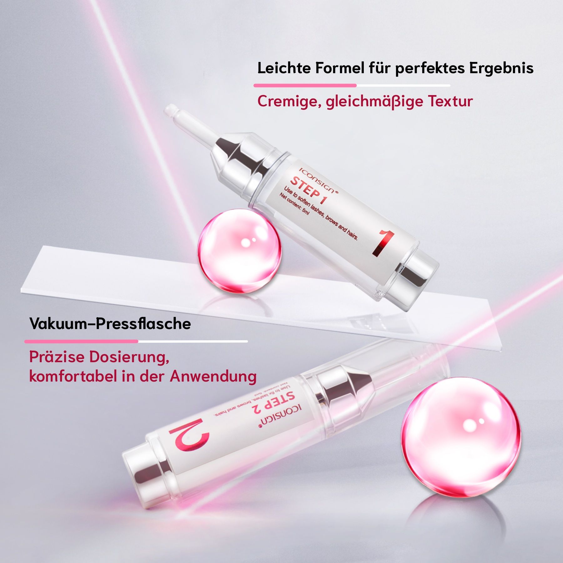 Zwei Flaschen mit Step 1 und Step 2. Auf den Flaschen steht Iconsign. Vakuum-Pressflasche.