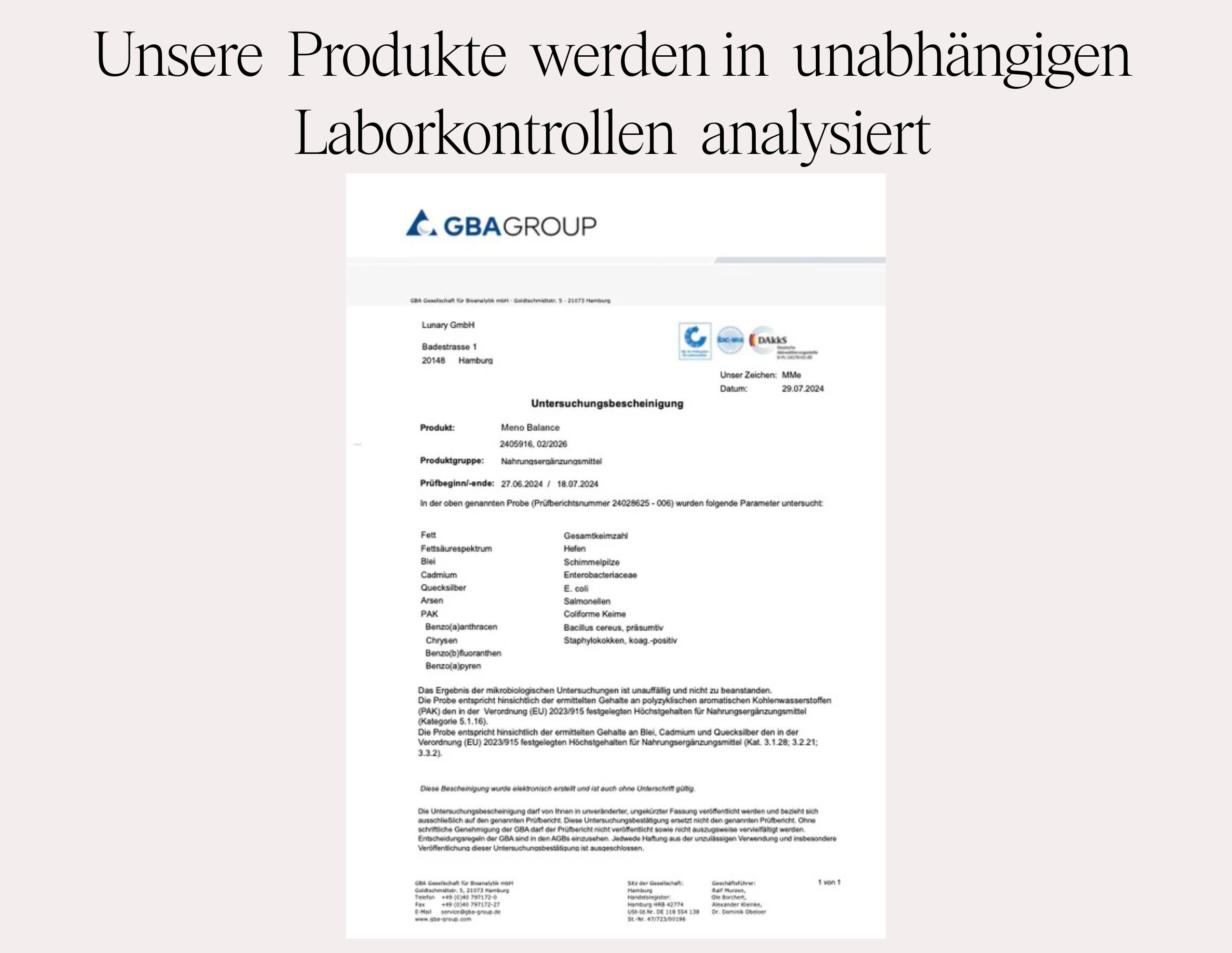 Laborbericht. Text: Unsere Produkte werden in unabhängigen Laborkontrollen analysiert. GBA Group.