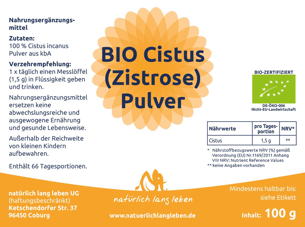 Etikett mit Produktinformationen: BIO Cistus (Zistrose) Pulver. Text, Logo, Bio-Zertifizierung, Nährwertangaben, Inhalt 100 g.