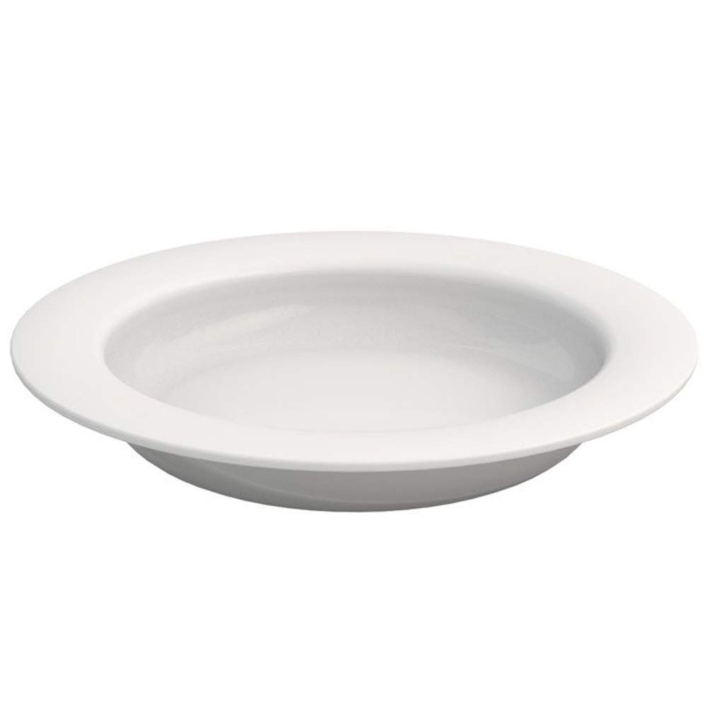 Weißer Teller mit erhöhtem Rand. Seitliche Ansicht, flache Form.