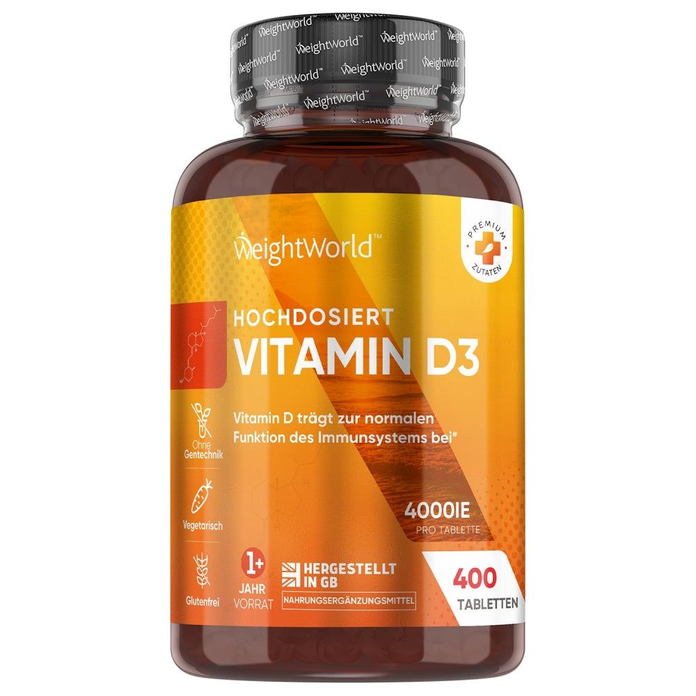 Braune Flasche mit Vitamin D3. Text: Hochdosiert Vitamin D3 4000IE. 400 Tabletten.