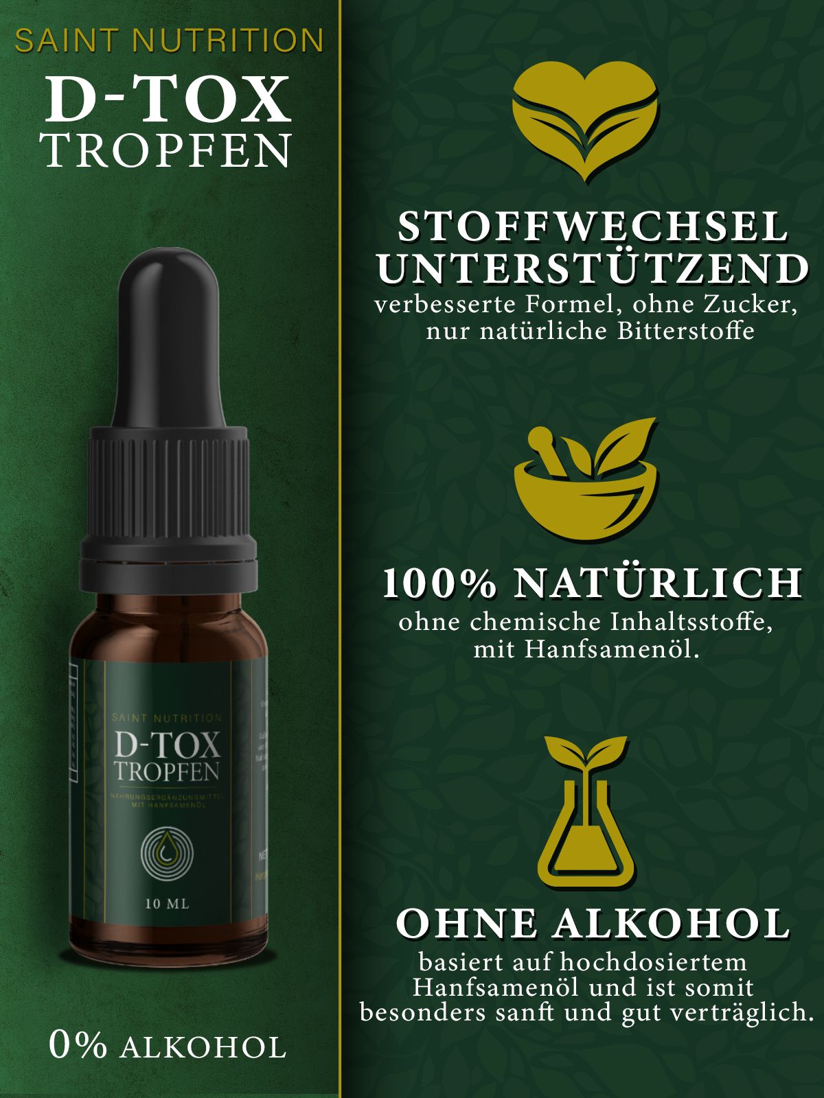 Produktflasche mit grüner Infografik. Text: Stoffwechsel unterstützen, 100% natürlich, ohne Alkohol.