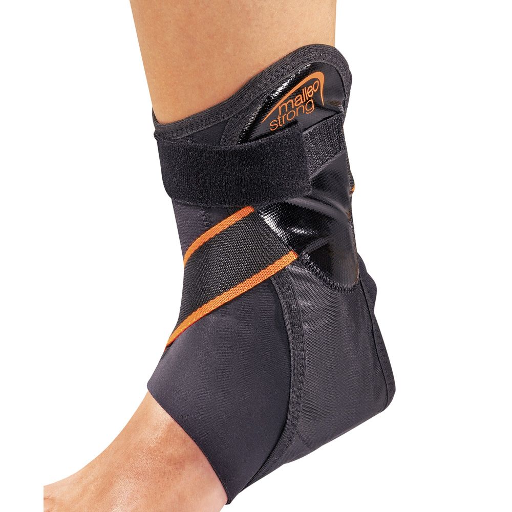 Knöchelorthese, schwarz mit orangefarbenen Akzenten. Klettverschlüsse und das Logo "malleo strong" sind sichtbar.