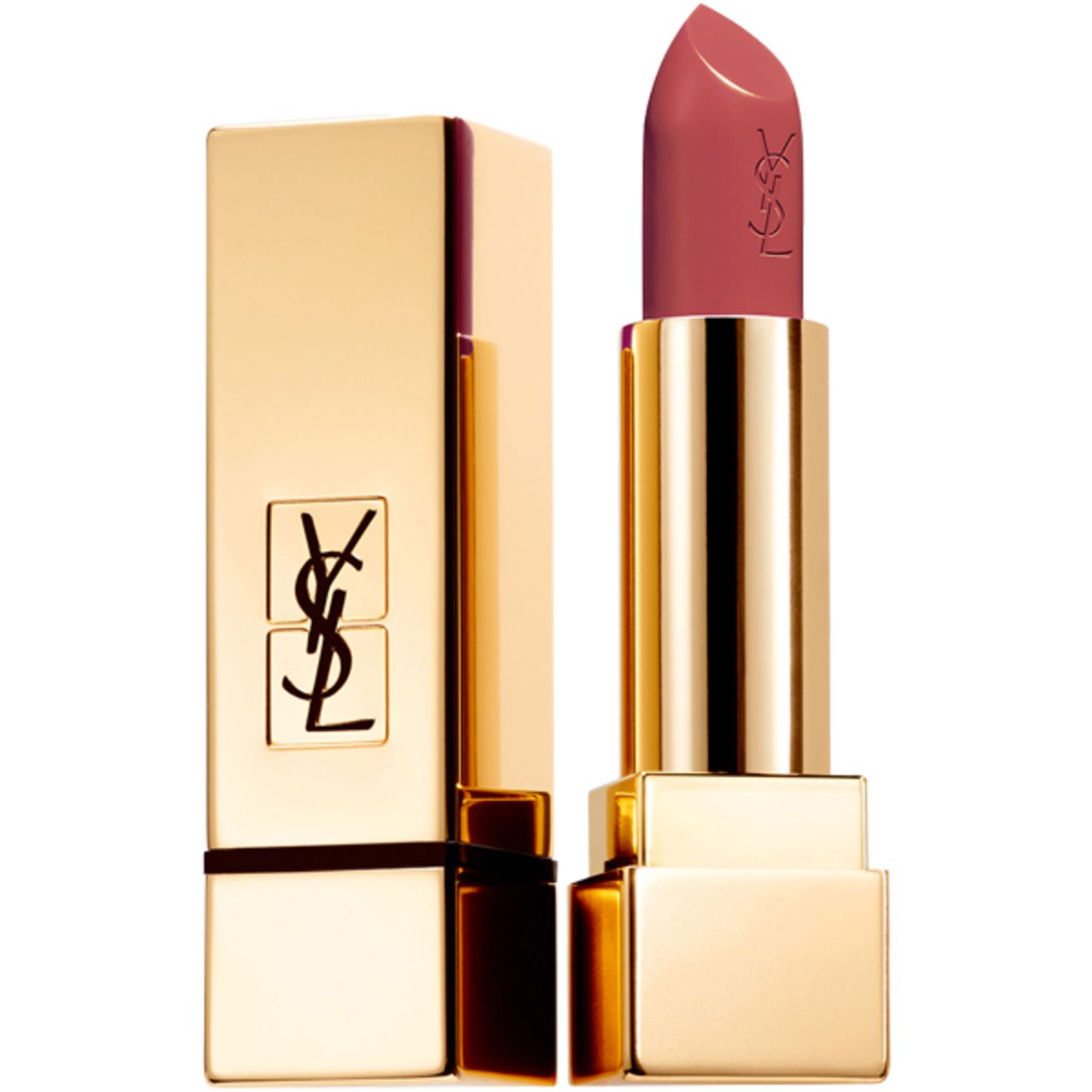 Goldfarbener Lippenstift mit geöffneter Kappe. Der Lippenstift ist rosa. Das YSL-Logo ist auf dem Lippenstift und der Kappe zu sehen.