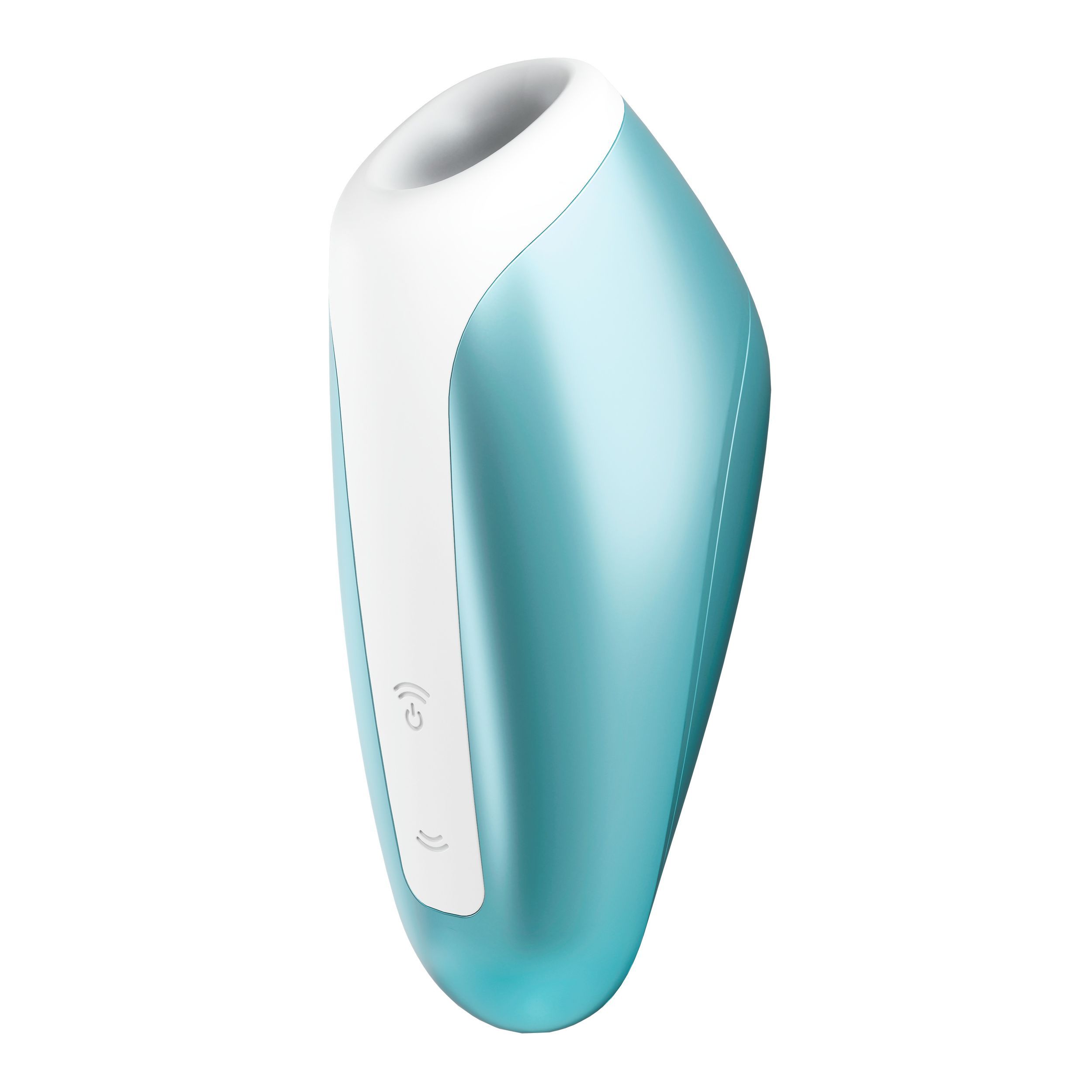 Blauw-wit wellnessproduct. Ovaal, met witte punt en bedieningspaneel. Op witte achtergrond.