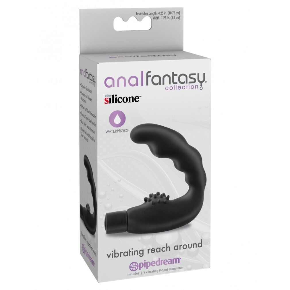 Verpackung mit schwarzem, gebogenem Wellness-Produkt. Marke: analFantasy. Text: vibrating reach around, silicone, waterproof.
