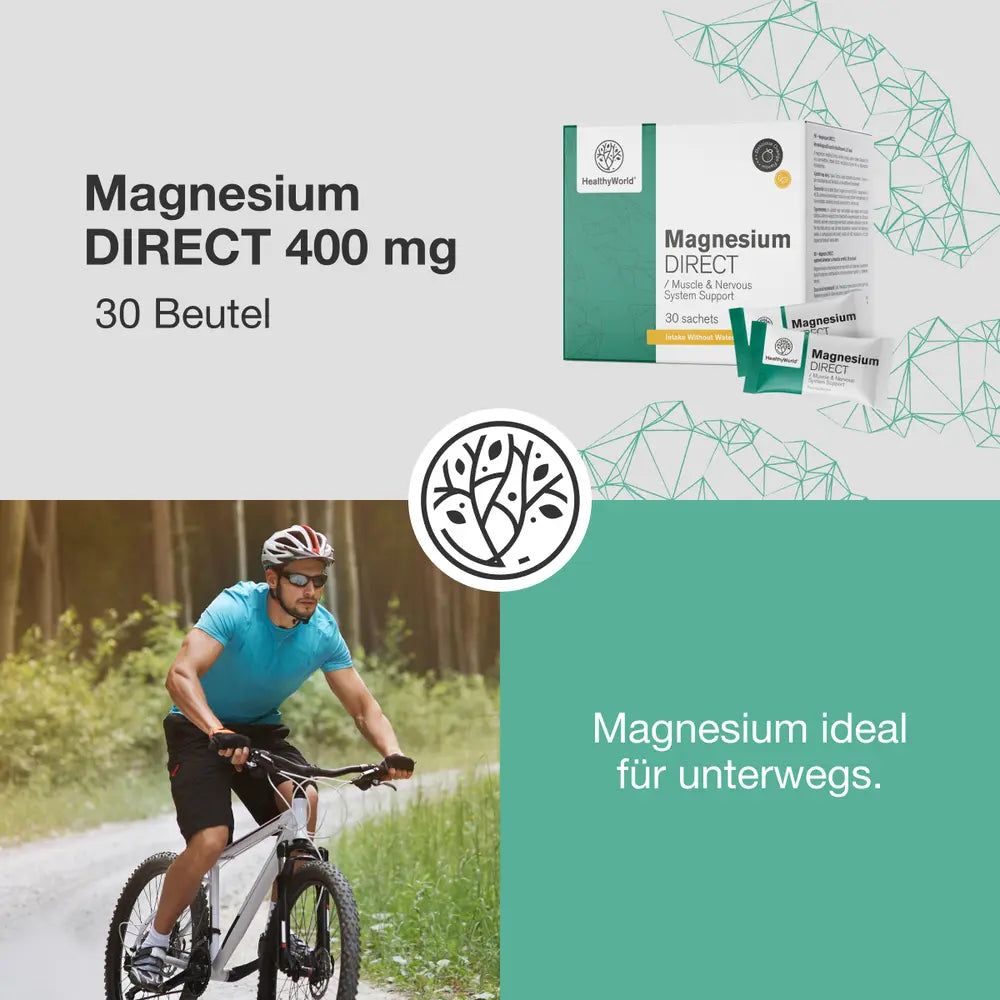 Mann fährt Fahrrad. Oben: HealthyWorld Magnesium DIRECT 400 mg, 30 Beutel. Daneben: Produktverpackung. Text: Magnesium ideal für unterwegs.