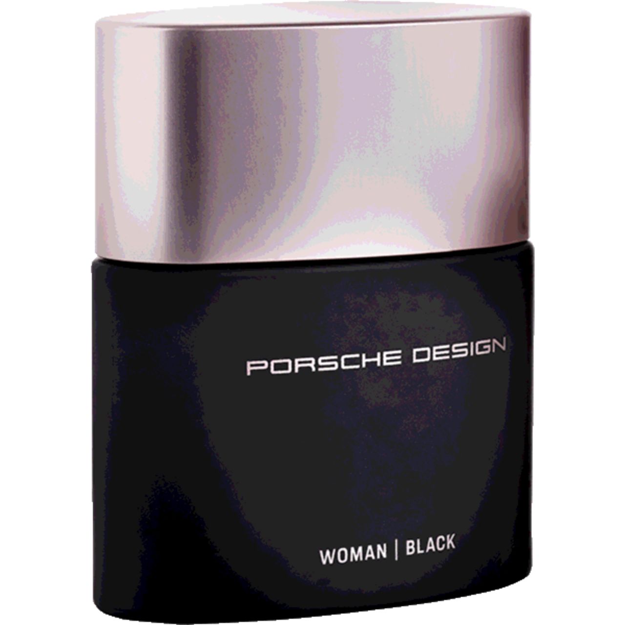 Schwarzer Flakon mit silberfarbenem Deckel. Aufschrift: PORSCHE DESIGN, WOMAN | BLACK.