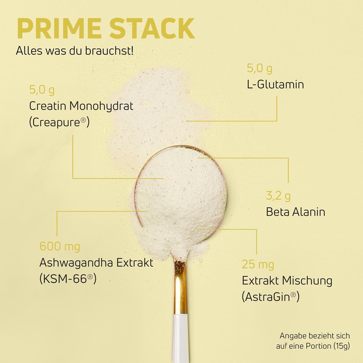Löffel mit Pulver. Text: Creatin Monohydrat, Ashwagandha Extrakt, Beta Alanin, Extrakt Mischung. Goldener Löffel.