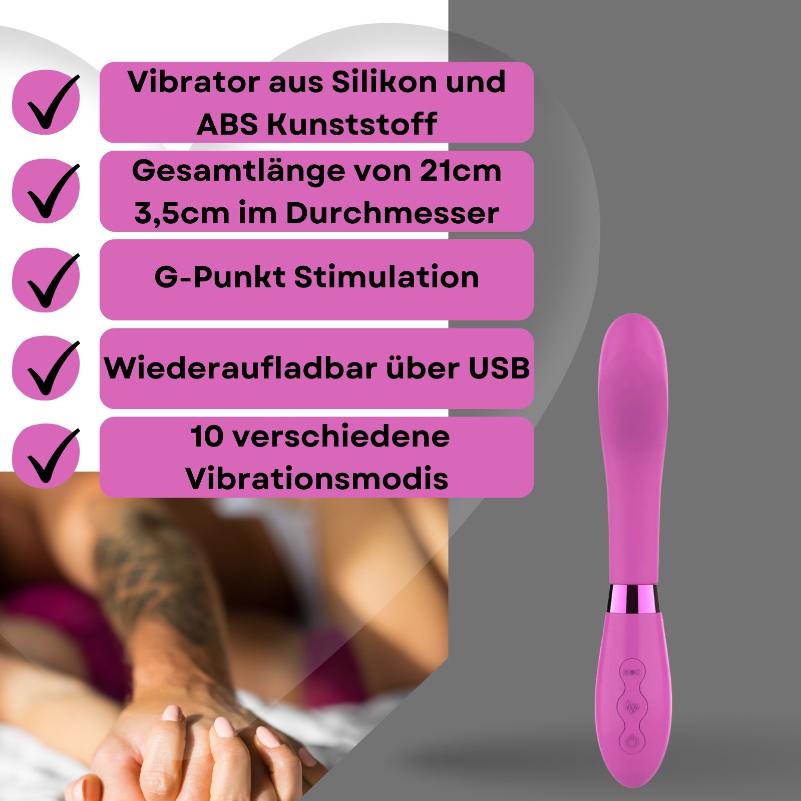 Rosa Vibrator neben Infografik. Text: Silikon und ABS, 21cm lang, 3,5cm Durchmesser, G-Punkt, USB aufladbar, 10 Modi.
