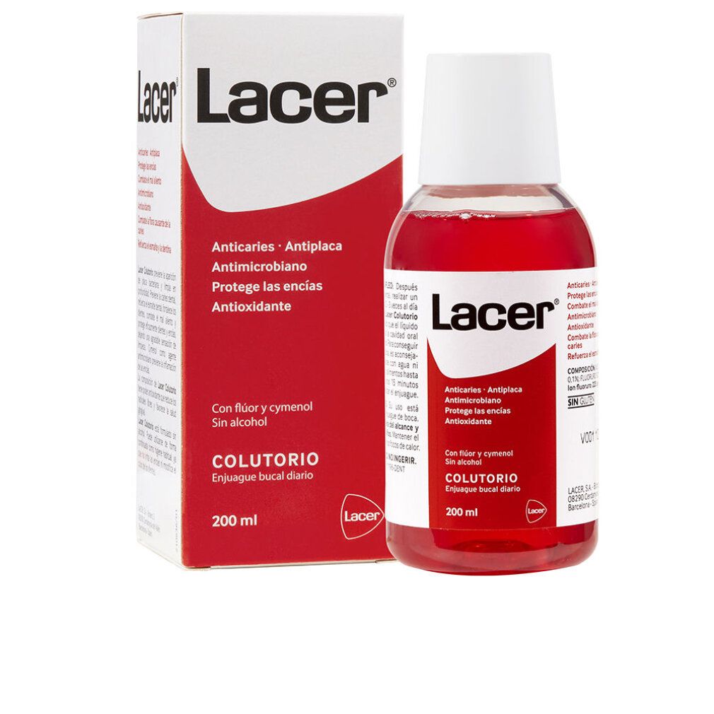Rote Mundspülung und Karton. Aufschrift: Lacer, Cuidado bucal. Enthält Fluorid und Zimt. 200 ml.
