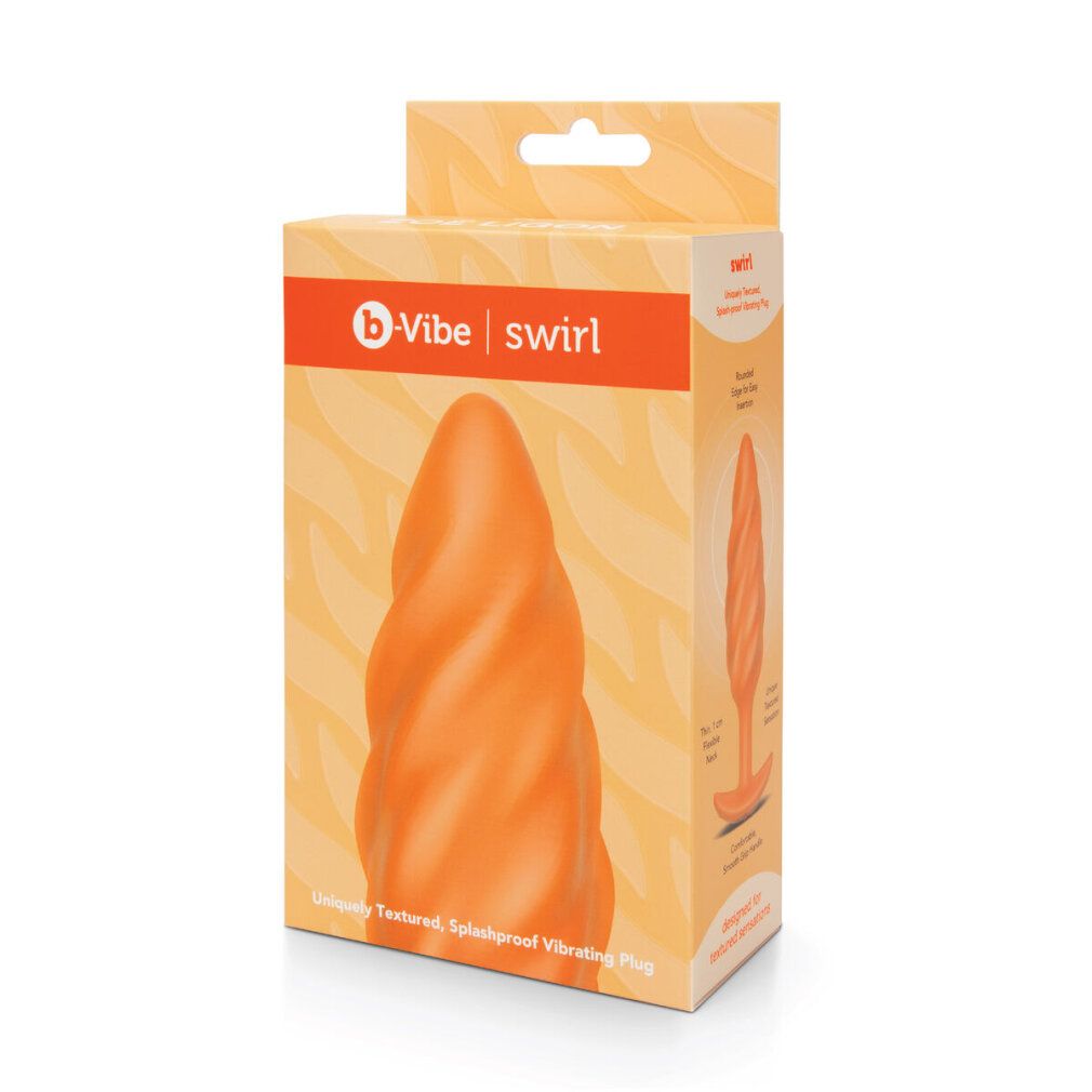 Verpackung für den b-Vibe Swirl Plug. Orangefarbenes Produkt-Bild. Marke und Produktname sichtbar.