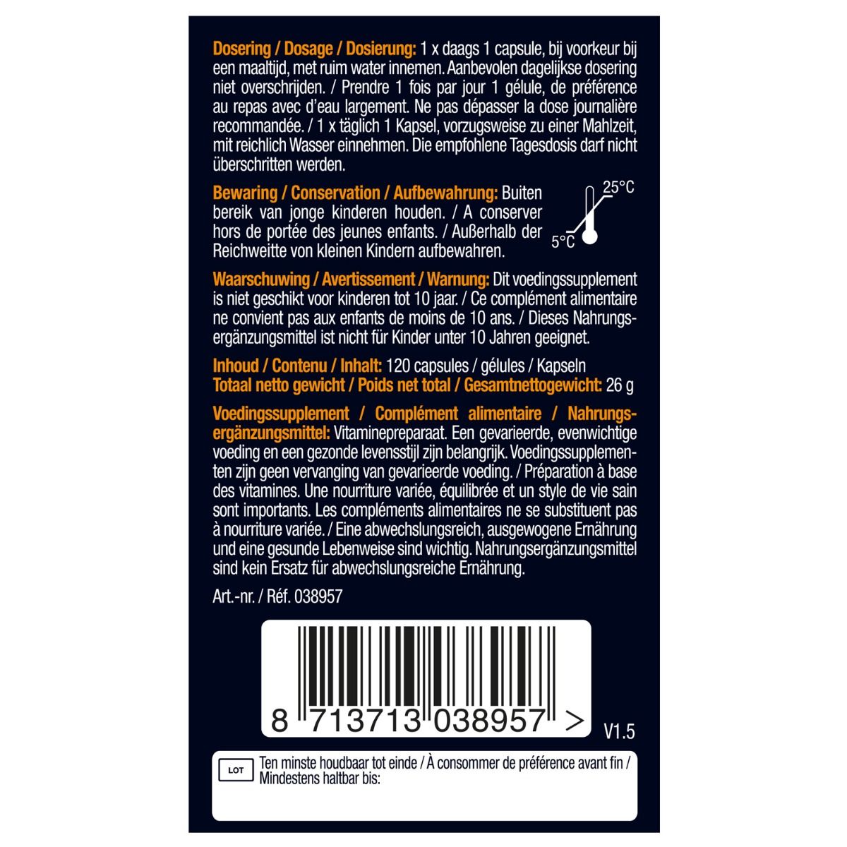 Rückseite der Lucovitaal Vitamin D3 Verpackung. Enthält Dosierungsanweisungen, Warnhinweise und Haltbarkeitsinformationen. Text in Niederländisch.
