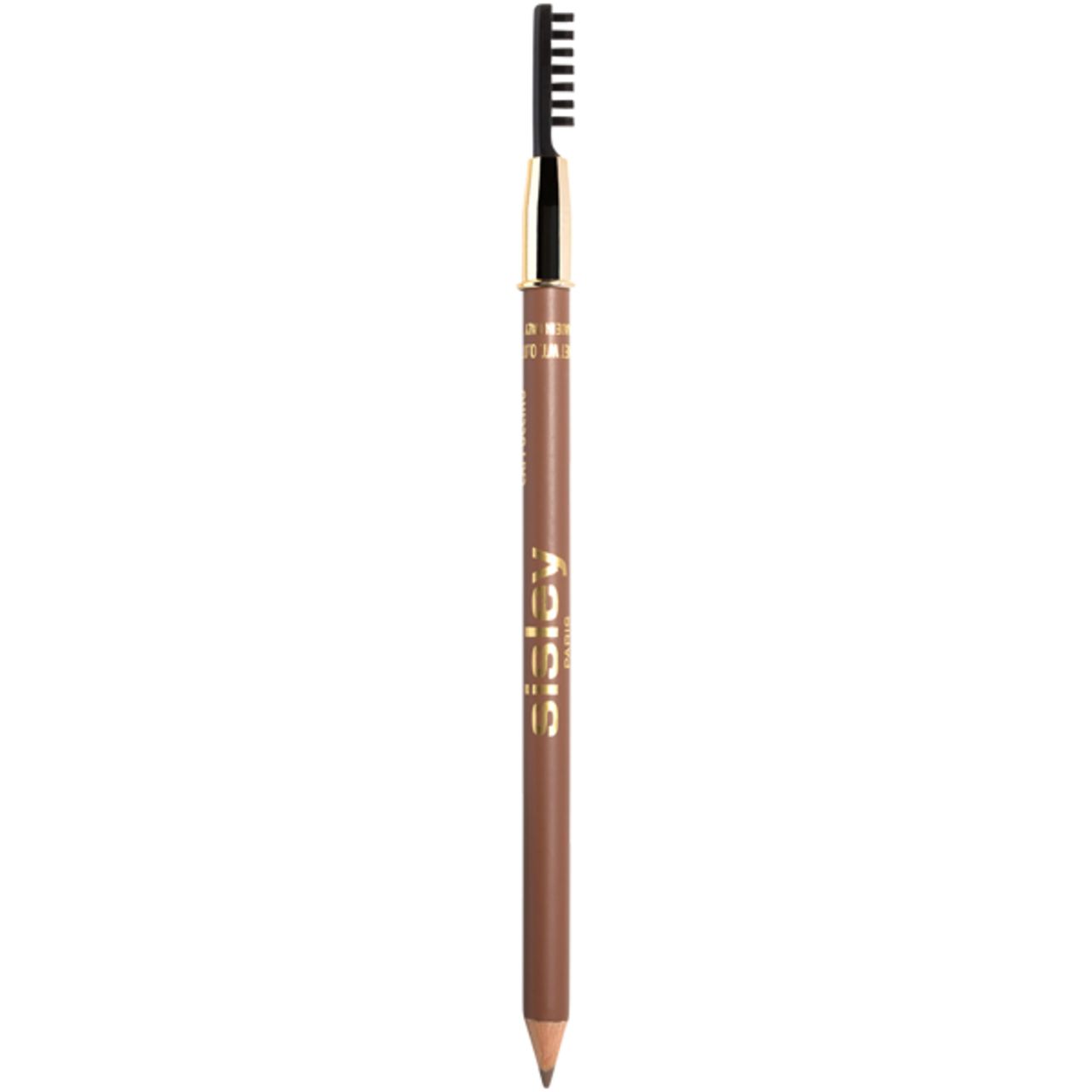 Sisley Phyto-Sourcils Perfect Augenbrauenstift. Brauner Stift mit goldfarbener Kappe und Bürste.