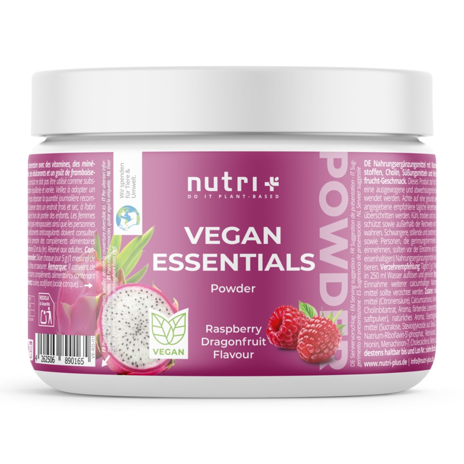 Nutri+ Vegan Essentials Pulver: Himbeer-Drachenfrucht-Geschmack. Dose mit Pulver, Himbeeren und Drachenfrucht-Scheibe.