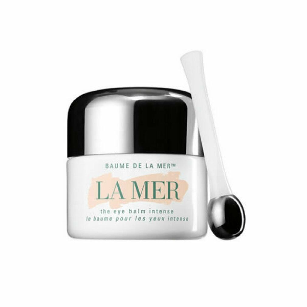 Weißes Tiegel mit silbernem Deckel und Applikator. Aufschrift: LA MER, the eye balm intense, le baume pour les yeux intense.