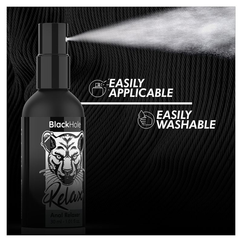 Schwarze Sprühflasche mit Tigerkopf-Logo und der Aufschrift "Relax Anal Relaxer". Leicht anwendbar und abwaschbar.