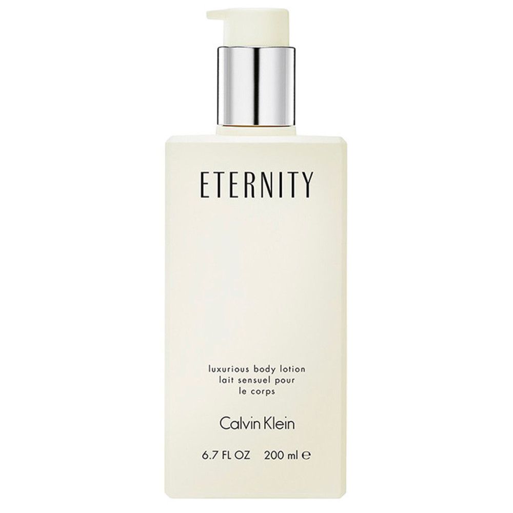 Beige Lotion-Flasche mit Pumpe. Aufschrift: ETERNITY, Calvin Klein. Text: luxurious body lotion, lait sensuel pour le corps.