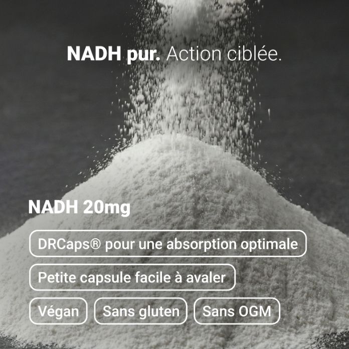 NADH-Pulver rieselt. "NADH 20mg. DRcaps, vegan, glutenfrei, ohne Gentechnik."