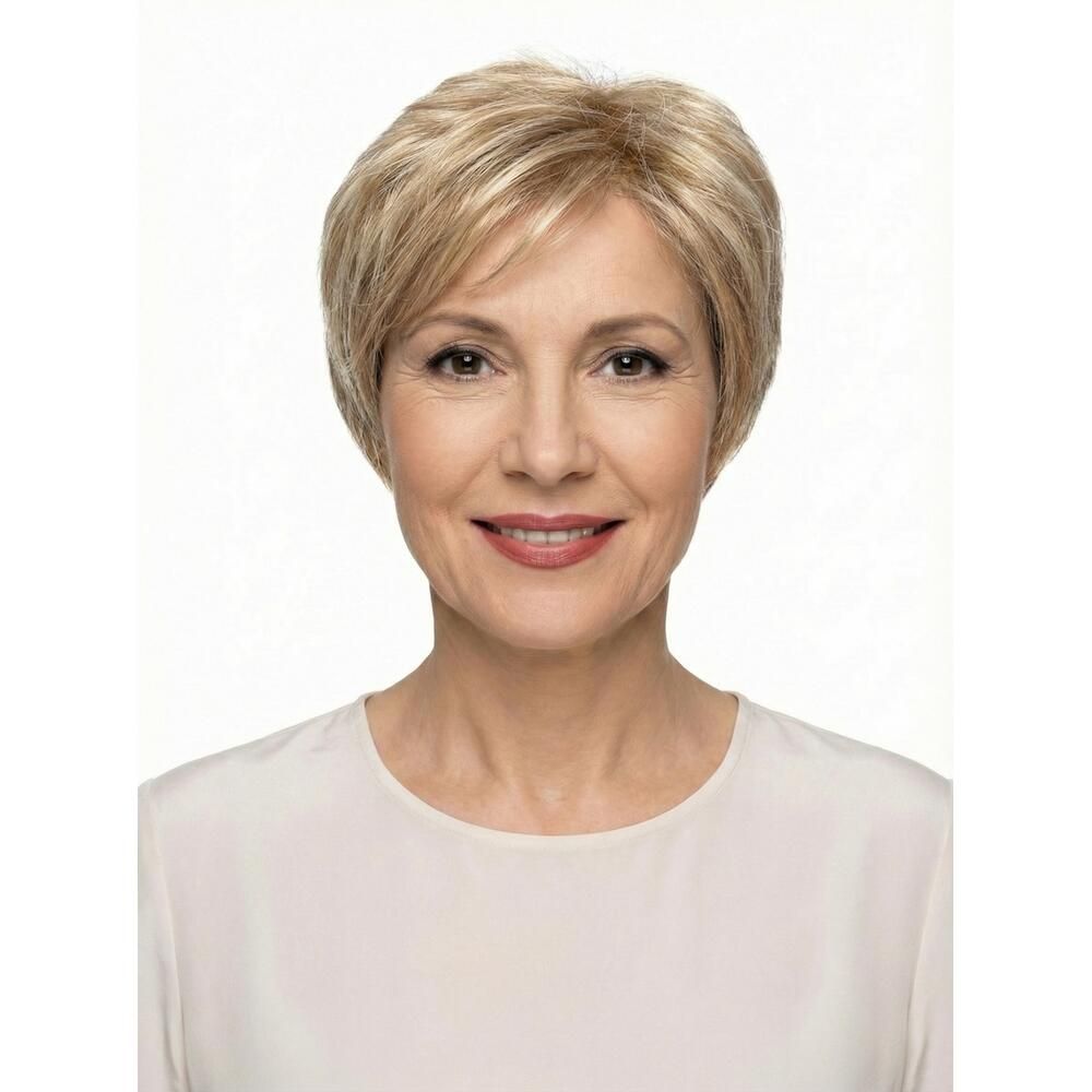 Kurzhaarperücke in Blondtönen. Frau mit Perücke, Blick nach vorn, lächelt. Helles Oberteil.