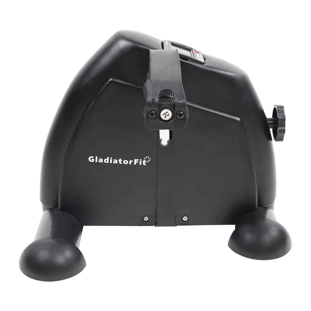 Schwarzer Mini-Heimtrainer mit Pedalantrieb. Mit GladiatorFit-Logo. Oberseite mit Display und Drehknopf.