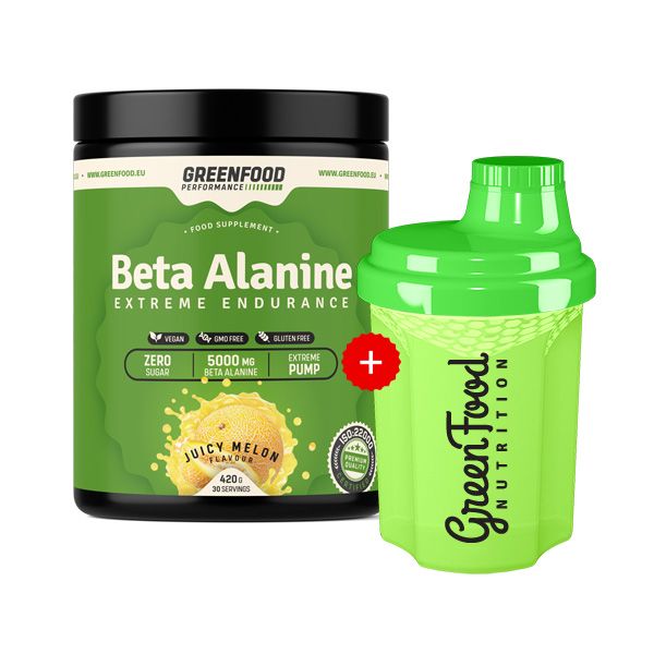 Grünes Nahrungsergänzungsmittel-Behälter mit Aufschrift Beta Alanin, daneben ein grüner Shaker. Aufschrift: GreenFood Nutrition.
