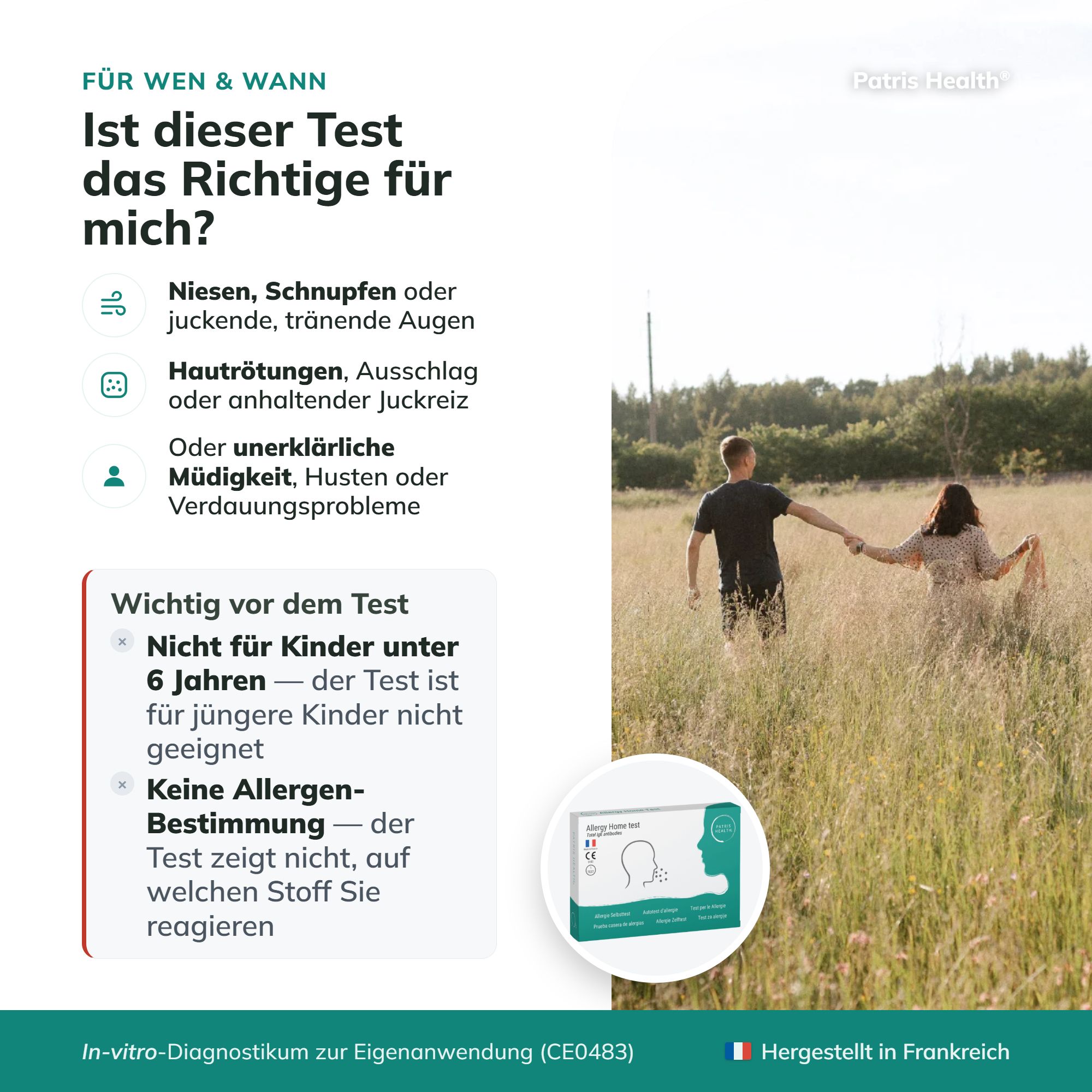 Für wen ist der Allergie-Heimtest geeignet? Symptome wie Niesen, Hautausschlag, Müdigkeit. Nicht für Kinder unter 6 Jahren.