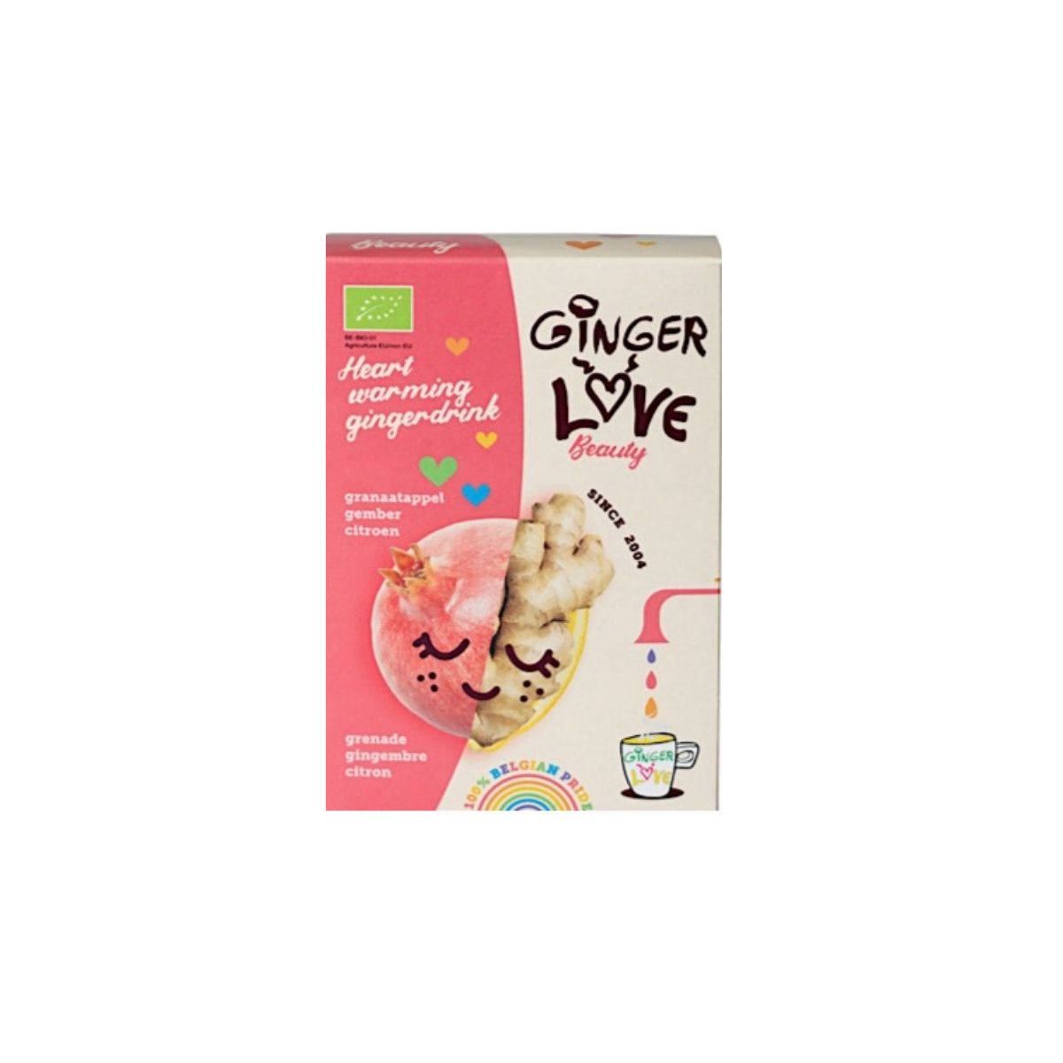 Eine Verpackung von Ginger Love Beauty, einem Ingwergetränk. Auf der Verpackung sind ein Herz mit einem Ingwerstück und einer rosa Frucht abgebildet. Der Text lautet "Heart warming gingerdrink". Das Produkt trägt das Bio-Siegel. Der Name "Ginger Love Beauty" ist prominent dargestellt.
