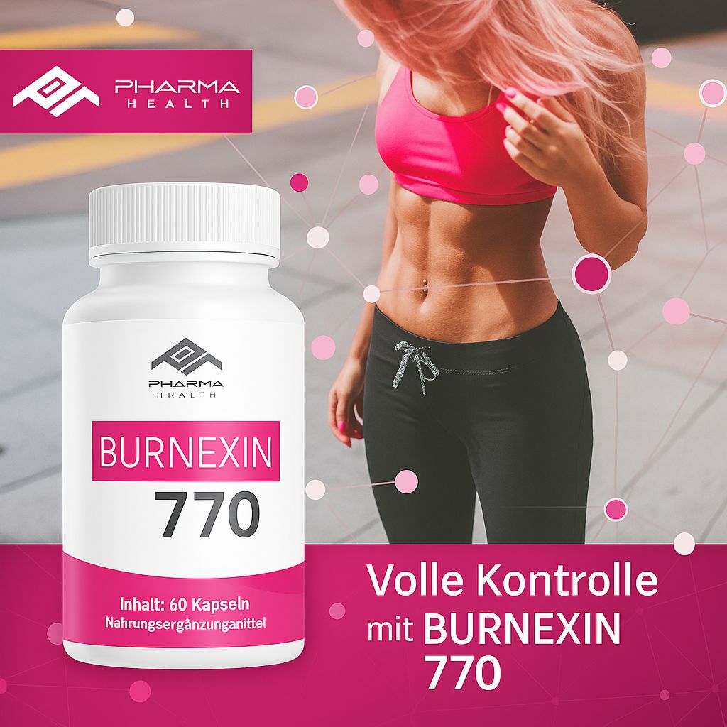 Weiße Flasche mit rosa Etikett. Aufschrift: BURNEXIN 770, Pharma Health Logo. Frau im Hintergrund.