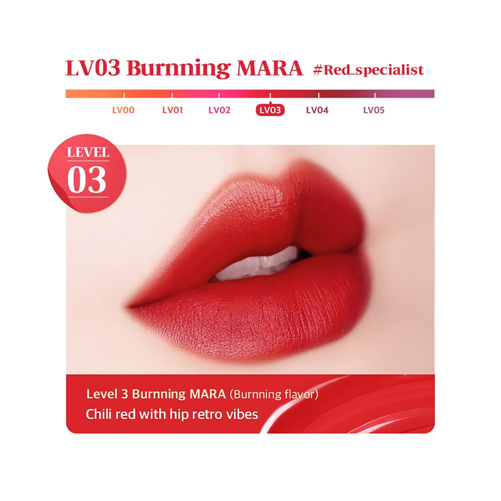 Rote Lippen mit Text. LV03 Burnning MARA. Level 3. Chili-Rot mit Retro-Vibes.