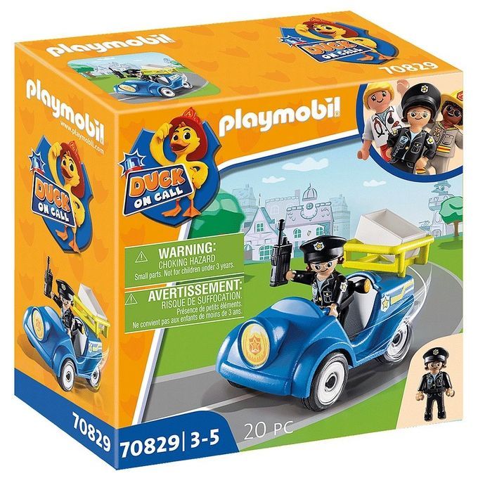 Set di gioco Playmobil Duck On Call 70829. La confezione mostra un'auto della polizia blu con una figura che tiene una radio. Sulla confezione sono raffigurati anche un'anatra gialla e altre figure. Il set contiene 20 pezzi ed è adatto a bambini dai 3 ai 5 anni.