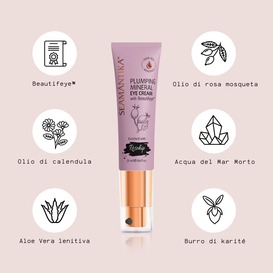 Tubo rosa di crema per occhi. Scritta: SEAMANTIKA, Plumping Mineral Eye Cream. Con Rosehip e Beautifeye. Icone: Rosa mosqueta, Calendula, Aloe Vera.