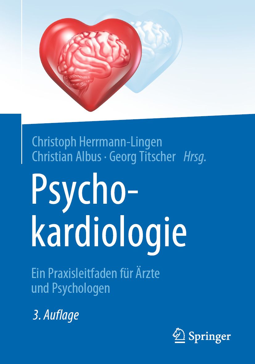 Buchcover: Psycho-kardiologie. Rotes Herz mit Gehirn. Autoren: Herrmann-Lingen, Albus, Titscher. Verlag Springer. 3. Auflage.