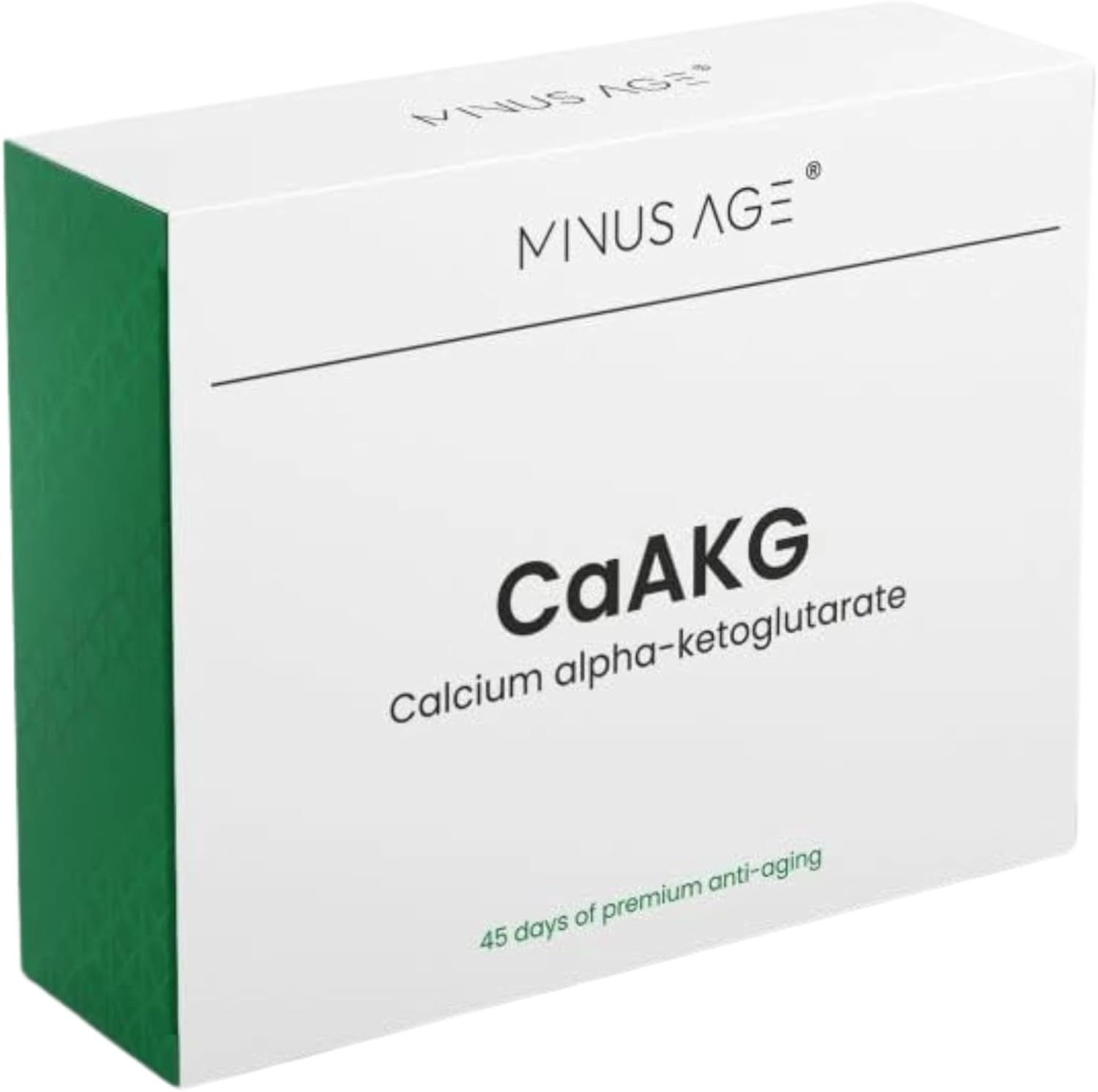 Weiße Packung Minus Age CaAKG Kapseln. Text: Calcium alpha-ketoglutarat. 45 Tage premium anti-aging.