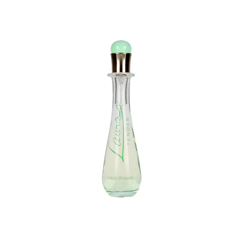 Laura Biagiotti Tender Eau de Toilette Flakon. Tropfenförmig, transparentes Glas. Grüner Deckel. Schriftzug Laura Tender.