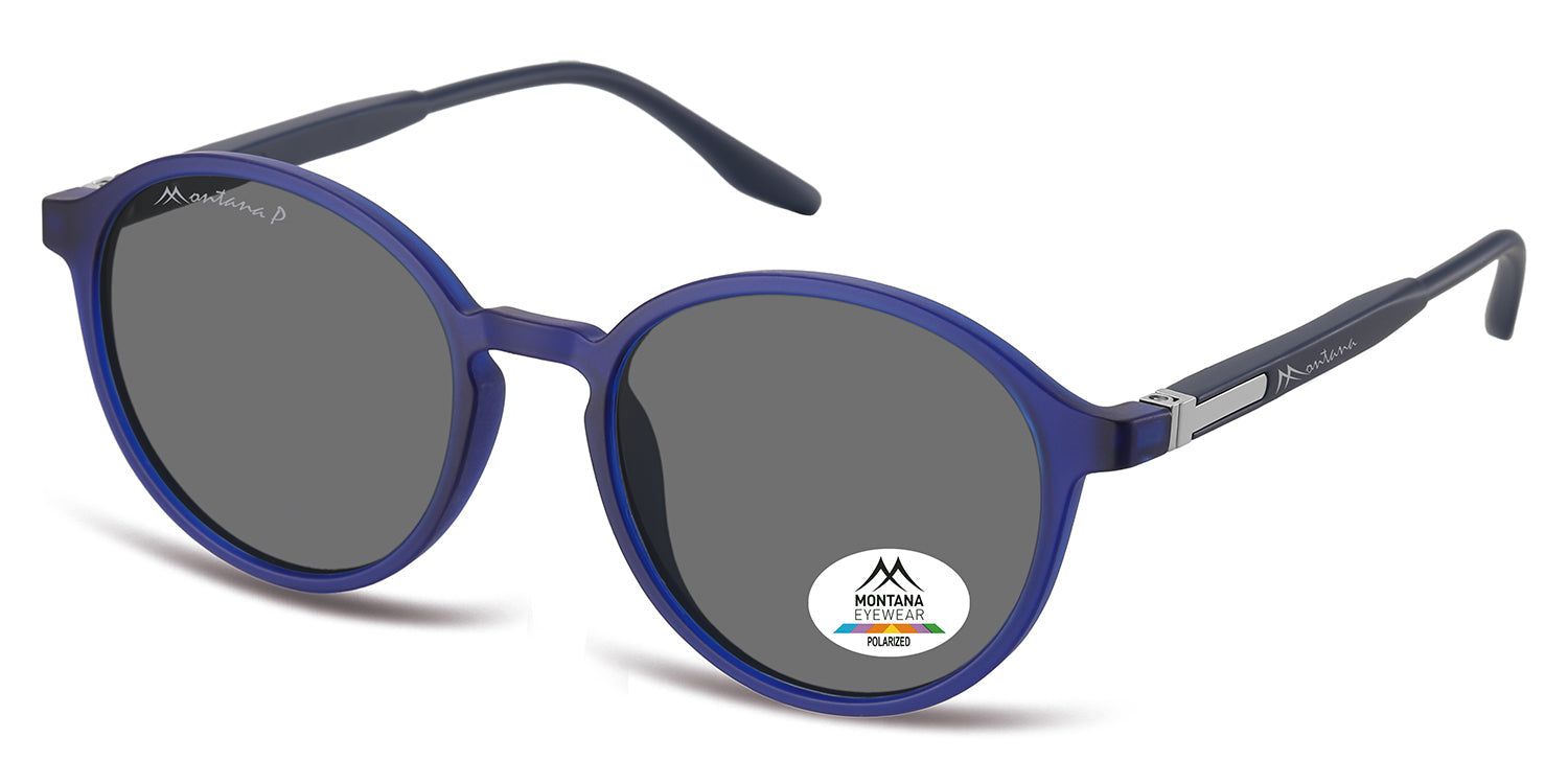 Blaue Sonnenbrille mit runden Gläsern, seitliche Ansicht. Auf dem rechten Glas befindet sich ein Aufkleber mit Logo und 'Polarized'.