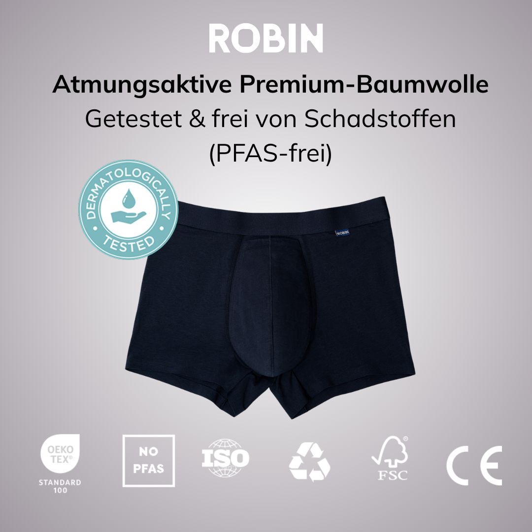 Herren-Boxershorts: vorne gezielter Schutz, integriertes Polster, Komfort beim Sitzen/Bewegen.