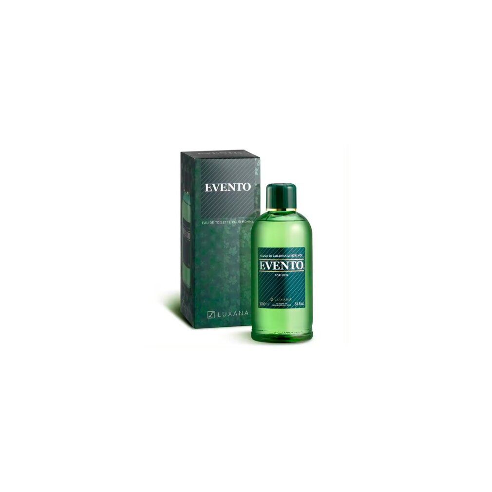 Grüne Flasche und Schachtel. Aufschrift: Evento, Acqua di Colonia. Luxana.