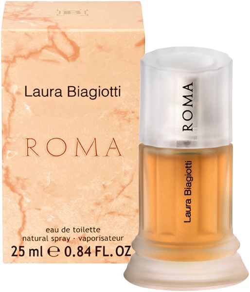 Parfümflakon mit weißem Deckel. Schriftzug ROMA und Laura Biagiotti. Rosa Flüssigkeit sichtbar.
