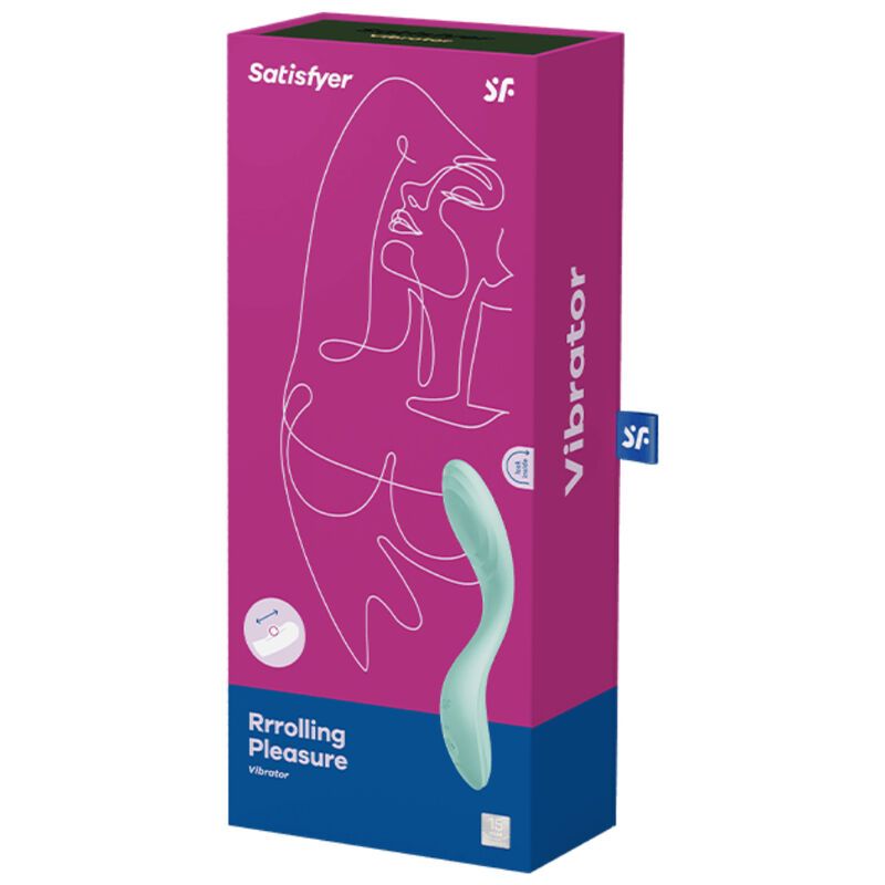 Verpackung mit Produktabbildung. Aufschrift 'Satisfyer' und 'Vibrator'. Produktname 'Rrolling Pleasure'.